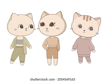 3 Cute Cats In Home Clothes Vector Illustration