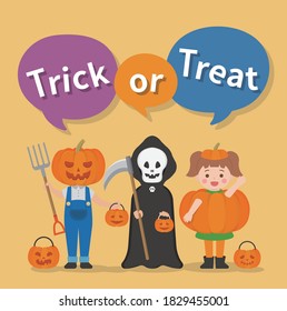 3 cute children's Halloween costumes, trick or treat without sugar, cartoon comic vector illustration