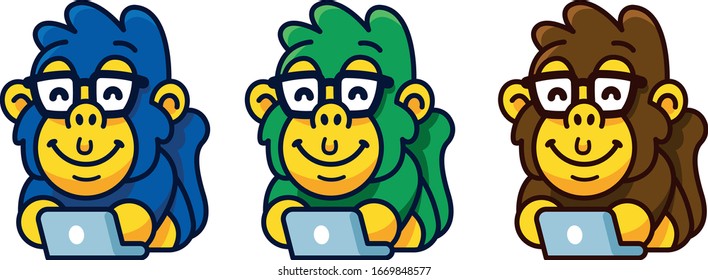 3 cute color variants geek chimpanzee at computer. Awesome as logo.