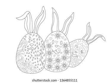 3 Cute Easter Eggs with Long Ears in Coloring Book for Adults and Kids