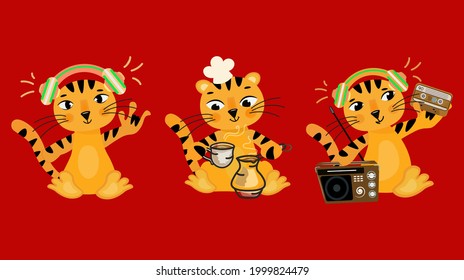 3 cute funny tiger cubs on a bright red background. The symbol of the year 2022 is the fiery tiger. Cool music lover, chef and retro DJ. New Year's talisman. Vector for postcards, poster, calendars.