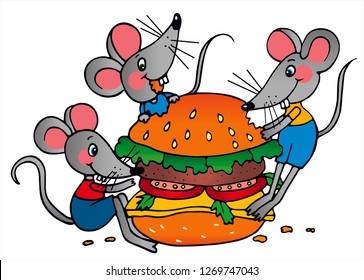 3 cute mice are eating a big hamburger. Colored vector for card or gift. 