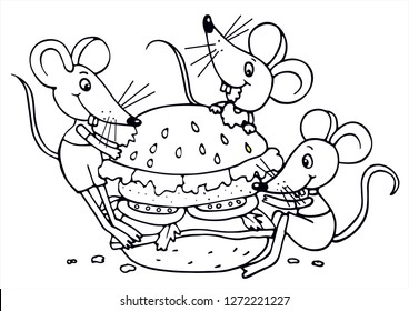 3 cute mouse are eating a big hamburger. Black and white vector for coloring, for card or gift. 