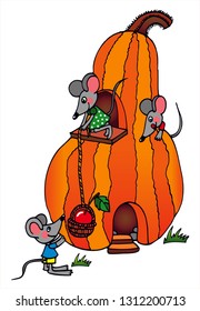 3 cute mouse are living in a big pumpkin. Colored vector for card or gift. 