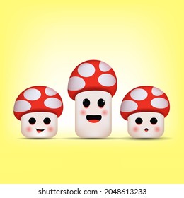 3 cute mushroom vector illustration models, different expressions and shapes