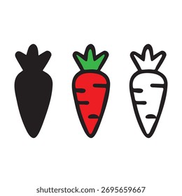 3 cute nice flat black, red, line art carrot vector fruits icon art in white background