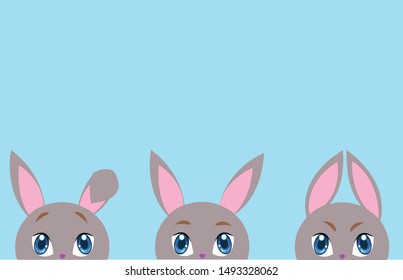 3 cute rabbits on a blue background looking surprised 