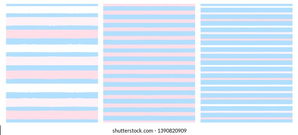 3 Cute Striped Seamless Vector Patterns. Pink and White Brush Stripes Isolated on a Light Blue Background. Simple Pastel Color Geometric Repeatable Vector Design for Textile and Paper Decoration.