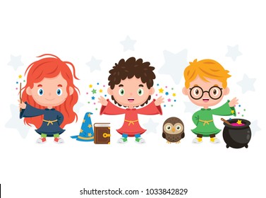 3 cute Wizard Kids with the pot, hat, wand, book and the owl. 100% vector layered 