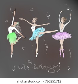 3 cute young ballerinas dancing on pointe, ballet shoes in flower tutu skirt. Vector illustration