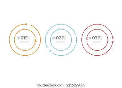 3 ciclos Elementos infográficos de línea delgada con Línea de tiempo en 3 pasos círculos e iconos de negocios. Ilustración vectorial.