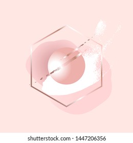 3 d ball, white and pink spots, golden brush stroke in gold hexagon frame on nude background. Vector illustration.
