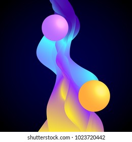 3 d balls and colorful waves on black background.Vector illustration