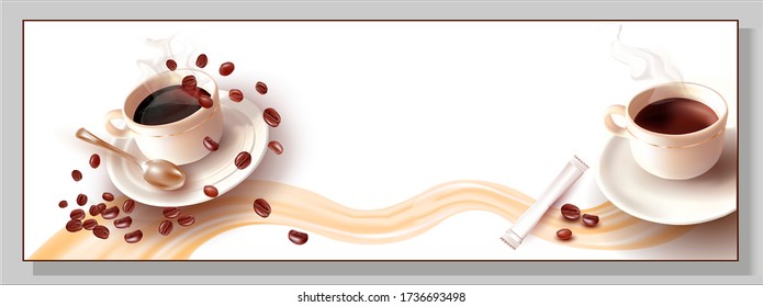 3 d Coffee beans.Cup and saucer.A Cup Of Coffee.Realistic Vector image of isolated roasted Coffee Beans on a White background. Flowing Drink, Foam, drops of liquid.