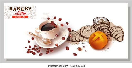 3 d Coffee beans.Cup and saucer.A Cup Of Coffee.Cream cake.Pencil hand drawing.Graphic image of sweet roll, pastry, croissant, cheesecake.Pastry. Croissant.Logo, inscription for the sale of pastry.