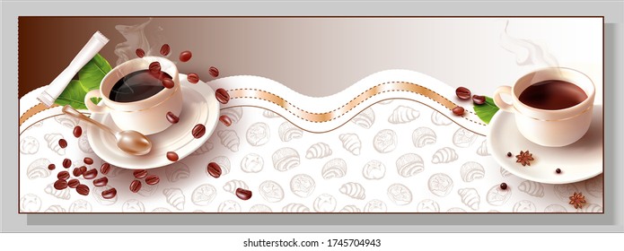 3 d Coffee beans.Cup and saucer.A Cup Of Coffee.Realistic Vector image of isolated roasted Coffee Beans.Hand Drawn icons set. Elements pattern.Pattern background Bakery hand drawing set.Sketch.