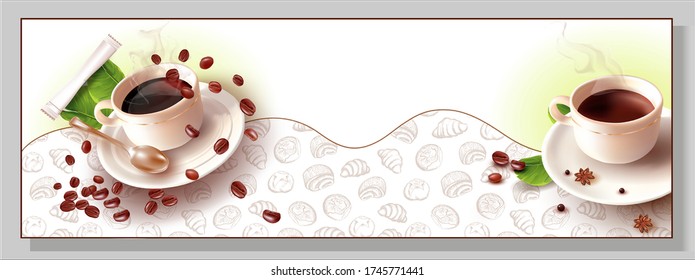 3 d Coffee beans.Cup and saucer.A Cup Of Coffee.Realistic Vector image of isolated roasted Coffee Beans.Pencil Hand Drawing.Graphic image of sweet roll, Pastry, Croissant, Cheesecake.