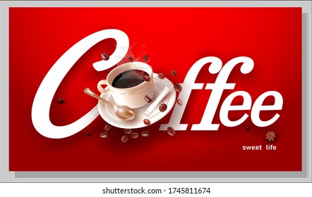  3 d Kaffeebohnen.Cup und Untertasse.A Cup of Coffee.Title, Position, Zeichen. Vector-Bild.