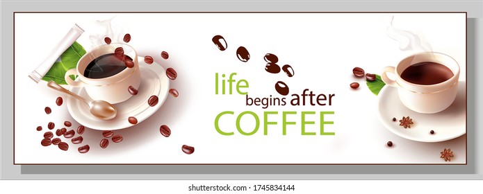 3 d Coffee beans.Cup and saucer.A Cup Of Coffee.Realistic Vector image of isolated roasted Coffee Beans.Hand Drawing.Title, heading, sign. Vector image.