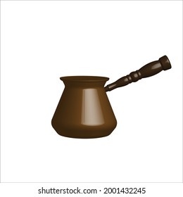 
3 d coffee pot isolated on white background. Coffee turk with a handle.
Turkish coffee.
Cezve. A bowl with a handle for making coffee on the stove. Vector illustration
