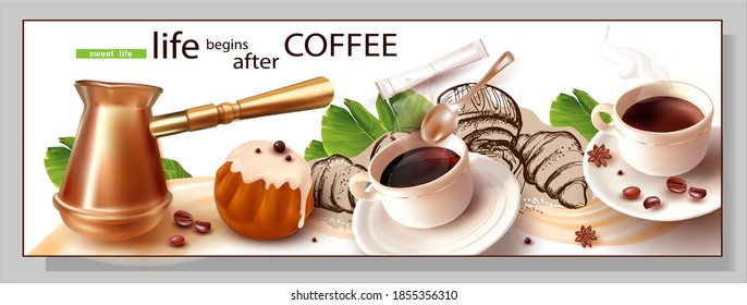 3 d Copper Coffee Pot isolated on white background.Coffee Turk with wooden handle.3d Rum Baba.Coffee beans.Cup and saucer.A Cup Of Coffee.Pencil hand drawing.Pastry.Realistic Vector image.