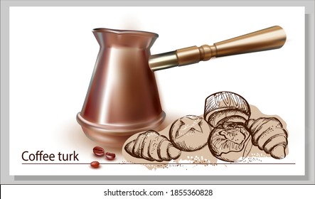 3 d Café de cobre aislado en fondo blanco.Café turco con mango de madera.Granos de café.Dibujo a mano de lápiz.Pastelería.Imagen vectorial realista.
