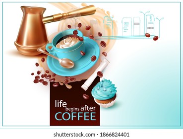 3 d Copper Coffee Pot.Cake.Sweet Cupcakes.Fruit cream with pastry decoration.Coffee in a turquoise Cup with a teaspoon. Souffle, cream.Falling coffee beans.Bag of sugar.Postcard.Vector imag