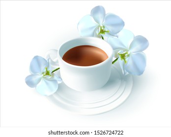 3 d. A Cup Of Coffee, Tea, Chocolate. White Orchid flowers.Isolated image on white background.Vector illustration.