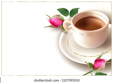 3 d. A Cup Of Coffee, Tea, Chocolate. Flowing drink, foam, drops of liquid. Rose, bush with a flower and leaves. Isolated image on white background.Vector illustration.