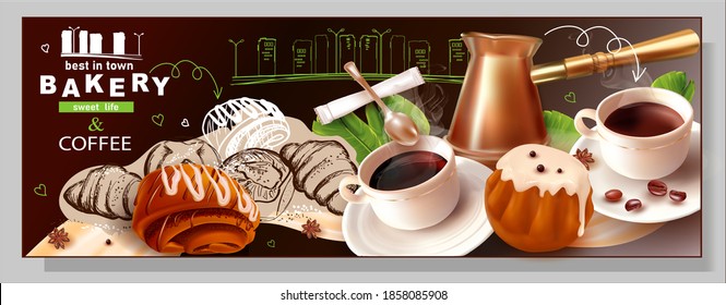 3 d Falling Coffee Beans.Cup and saucer.A Cup Of Coffee.Copper Coffee Pot.Coffee Turk.Sketch.Bakery.Pastry.Pencil hand drawing.Poppy seed bun.Butter roll.Confectionery on black background.Vector.