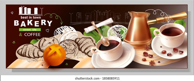 3 d Falling Coffee Beans.Cup and saucer.A Cup Of Coffee.Copper Coffee Pot.Coffee Turk.Sketch.Bakery.Pastry.Pencil hand drawing.Poppy seed bun.Butter roll.Confectionery on black background.Vector.