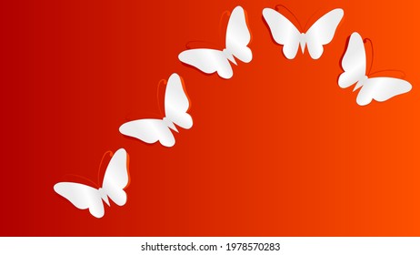 3 D flat lay paper butterfly on red background with copy space.