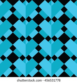 3 D Geometric abstract seamless pattern with two  shades of blue elements symmetrical elements on black  background in mosaic tile style 
