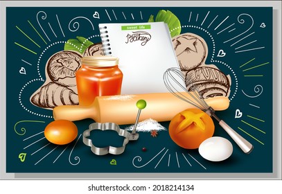 3 D Honey Glass Jar.Egg beater.Notebook.Cookie Mold.Pencil hand drawing.Graphic image of sweet roll, pastry, croissant,cheesecake.Croissant.Sketch.Wooden Rolling Pin.Vector Illustration.