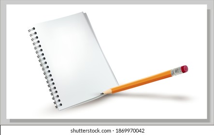 3 d  Notebook and Yellow Pencil with Eraser on a White background.Top view.