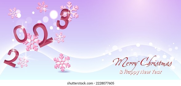 3 d numbers 2023 in snowdrifts. Greeting background template with snowflakes and glitter
