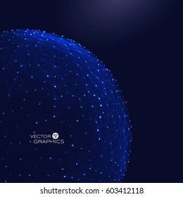 3 d object like sphere in macro or micro space with connection lines and glowing particles. Abstract vector illustration for technical design.