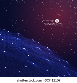 3 d object  space with connection lines and glowing particles and stars on horizon. Abstract vector illustration for technical design.