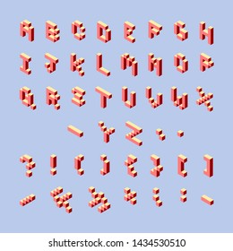 3 d pixel art set of punctuation marks and alphabet in isometric left. Red signs and letters on a light blue background