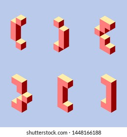 3 d pixel art set of punctuation marks and alphabet in isometric left. Red signs and letters on a light blue background. Square brackets, round brackets, curly brackets