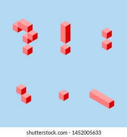 3 d pixel art set of punctuation marks and alphabet in isometric left. Red signs and letters on a light blue background. question mark, exclamation, comma, period, colon, underscore. 