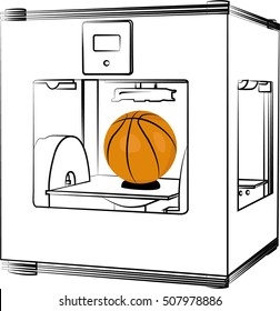 3 D printer. Vector illustration on white background. Basketball made with 3 D printer.