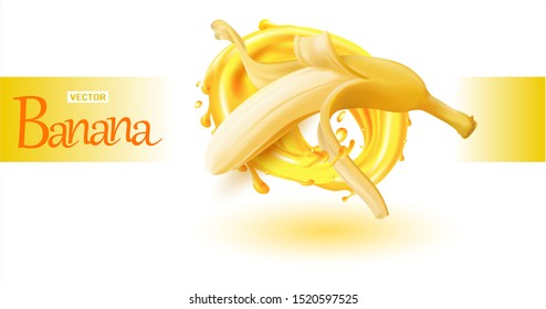 3 d. Realistic Banana in juice splash.Vector Illustration. 