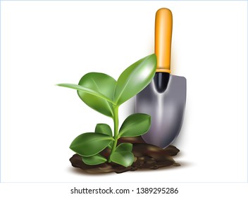 3 d. Realistic Vector Trowel - agricultural tool.Vector plant. Flower with green leaves, with a stem that goes into the ground. Seedling.