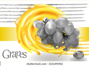 3 d. Realistic White Grape in juice splash.Vector Illustration.