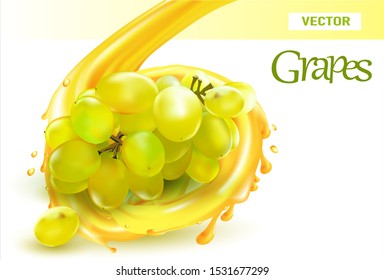 3 d. Realistic White Grape in juice splash on white background.Vector Illustration.