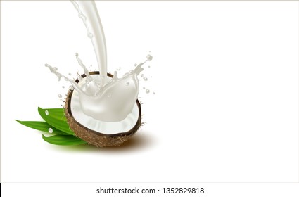 3 d. Ripe coconut with white flesh and palm leaves on a white background. Splash of coconut milk. Isolated Coconut Half.