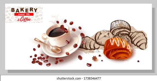 3 d Roll with poppy seeds. Coffee beans.Cup and saucer.A Cup Of Coffee.Cream cake.Pencil hand drawing.Graphic image of sweet roll, pastry, croissant, cheesecake.Pastry. Croissant.