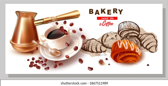 3 d Roll with poppy seeds. Coffee beans.Cup and saucer. A Cup Of Coffee. Cream cake. Pencil hand drawing. Graphic image of sweet roll, pastry, croissant, cheesecake. Pastry. Copper Coffee Pot.