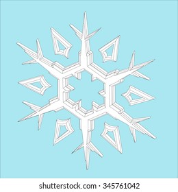 3 D snowflake design, isolated object on blue background.